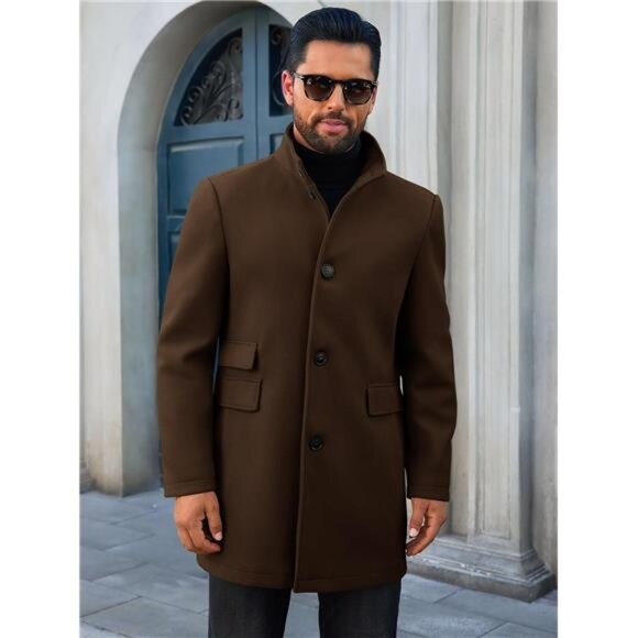 Mens Pea Coats Single Breasted with Pockets Coffee - Picture 2 of 5